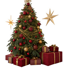 Decorated christmas tree with gifts isolated on transparent background