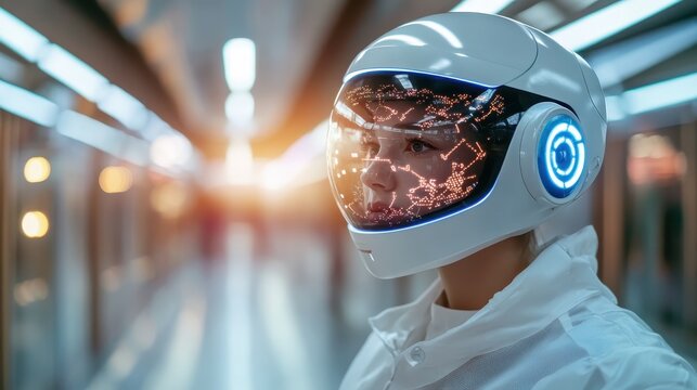 This captivating image features a futuristic woman wearing a high-tech helmet, showcasing a digital interface and the wonders of technology in a sci-fi inspired setting.