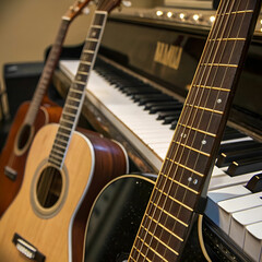 Fototapeta premium A beautifully crafted musical instrument with polished wood, metal strings, and delicate curves, ready to produce rich, emotional, harmonious sounds and melodies.