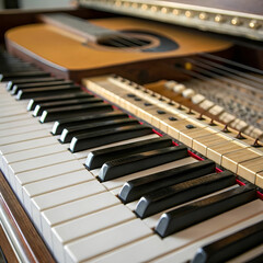 A beautifully crafted musical instrument with polished wood, metal strings, and delicate curves, ready to produce rich, emotional, harmonious sounds and melodies.