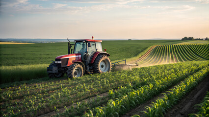 Obraz premium tractor in the field, irrigation, watering, plants harvest,