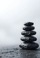 Stack of dark grey stones on foggy surface