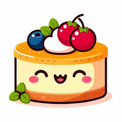 A cartoon cake with blueberries cherries whipped cream and leaves It has a cute smiling face