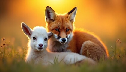 Fox and Lamb Friendship in Golden Light: Animal Companions, Wild and Domestic, Nature Harmony, Furry Friends, Wildlife Portrait, Cute Animals