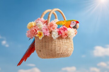 Tropical parrot carrying a basket with flowers
