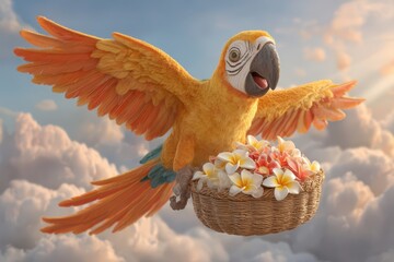 Tropical parrot carrying a basket with flowers