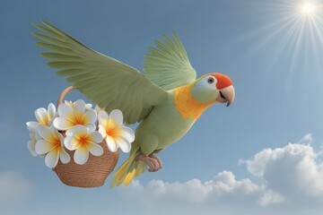 Tropical parrot carrying a basket with flowers