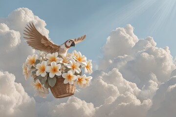 Tropical parrot carrying a basket with flowers