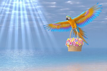 Tropical parrot carrying a basket with flowers
