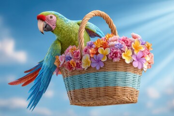 Tropical parrot carrying a basket with flowers