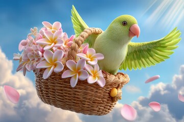Tropical parrot carrying a basket with flowers