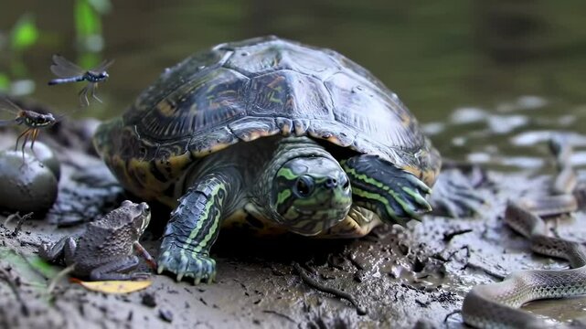 Gray and green turtle on a muddy bank with insects in natural habitat