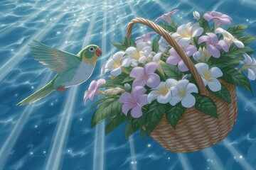 Tropical parrot carrying a basket with flowers