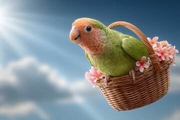 Tropical parrot carrying a basket with flowers