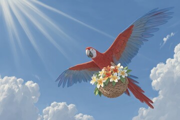 Tropical parrot carrying a basket with flowers