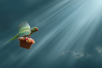 Tropical parrot carrying a basket with flowers