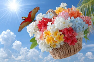 Tropical parrot carrying a basket with flowers