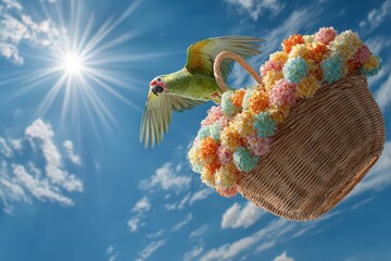 Tropical parrot carrying a basket with flowers