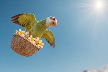Tropical parrot carrying a basket with flowers