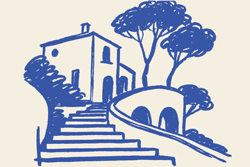 Mediterranean house with stairs naive sketch vector illustration