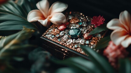 An exquisite jewelry box adorned with gems and flowers, capturing elegance and decorative beauty, symbolizing luxury and the allure of nature's artistry in still life.