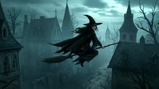 A witch soaring through a misty, eerie village at twilight, with haunted houses and bare trees