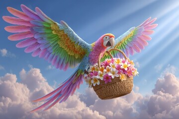 Tropical parrot carrying a basket with flowers