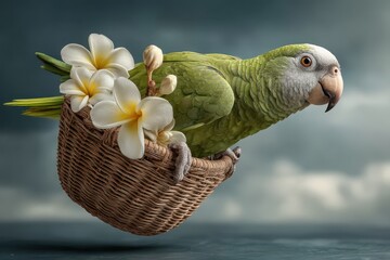 Tropical parrot carrying a basket with flowers