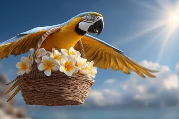 Tropical parrot carrying a basket with flowers