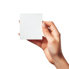 Woman's hand holding blank white card black background