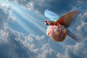 Tropical parrot carrying a basket with flowers