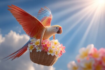 Tropical parrot carrying a basket with flowers