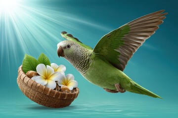 Tropical parrot carrying a basket with flowers