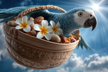 Tropical parrot carrying a basket with flowers