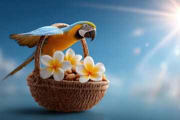 Tropical parrot carrying a basket with flowers
