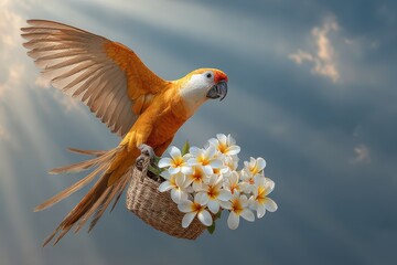 Tropical parrot carrying a basket with flowers