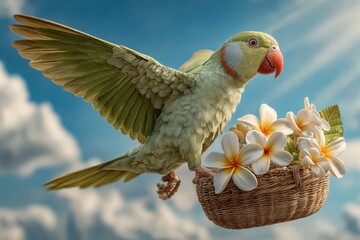 Tropical parrot carrying a basket with flowers