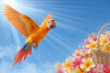 Tropical parrot carrying a basket with flowers