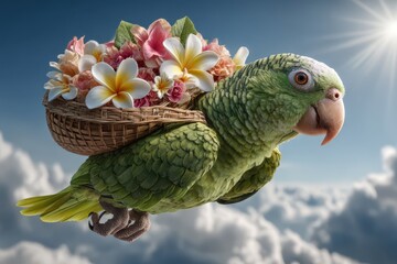 Tropical parrot carrying a basket with flowers
