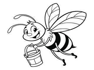 A cartoon bee is flying with a bucket of honey. Black and white vector illustration for coloring book
