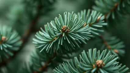 Fresh, vibrant pine tree branches with a detailed close-up of their needles and a single pine branch
