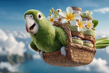 Tropical parrot carrying a basket with flowers