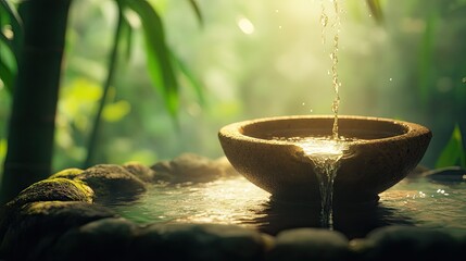 Water cascading into a stone basin in a tranquil garden setting.