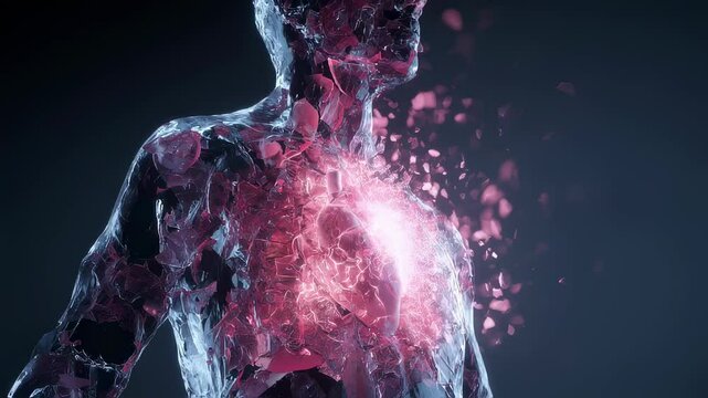 Transparent human body revealing complex heart murmur dynamics through glowing particle visualization, demonstrating intricate cardiovascular system interactions against dark medical background
