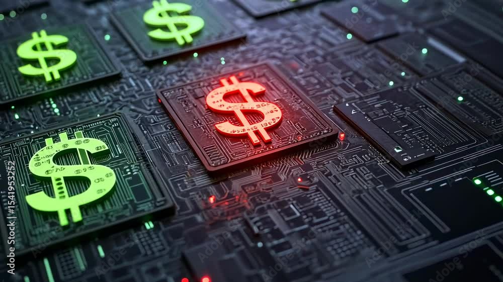 Poster digital currency symbols on a computer circuit board