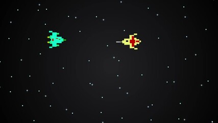 Animated video of a spaceship in 2d pixel art style shooting enemies, art, game, stars.
