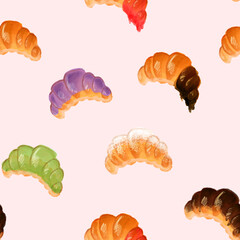 Multi-colored assorted croissants with different glaze variations on a soft pink background. Puff pastry in bright colors is decorated with a delicate pinkish canvas, which depicts textured croissants