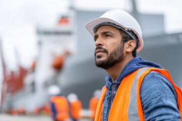 A man in safety vest and helmet looks upwards, inspecting a large vessel in a shipyard, dock worker looking up at large ship in port.