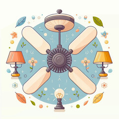 A cartoon ceiling fan with lamps and light bulb