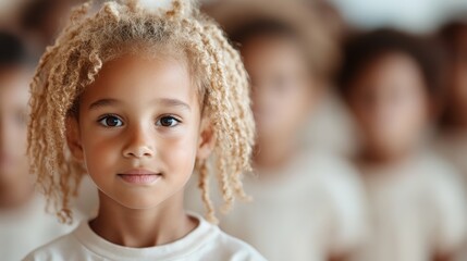 A charming portrait of a young girl with curly hair standing confidently, surrounded by softly blurred children in the background, evoking innocence and joy.